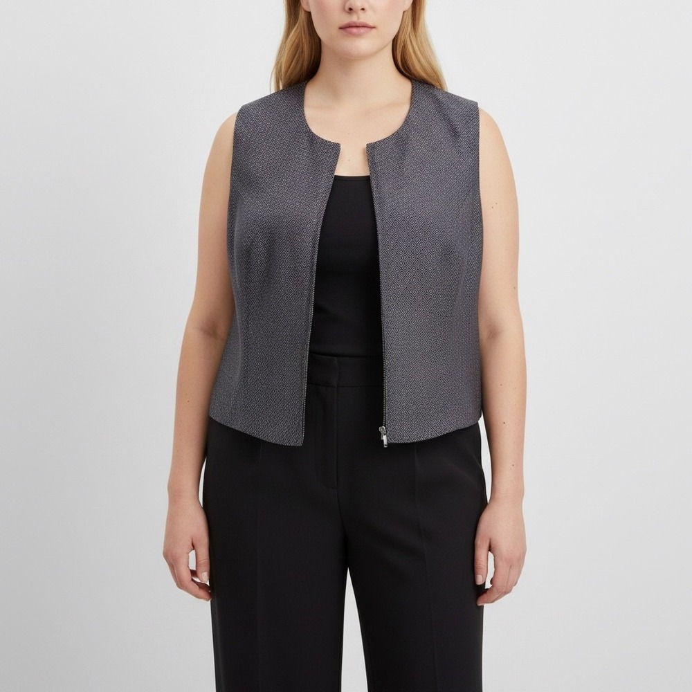 Valerie Stevens II Silk Rayon Geometric Zip Vest Women's 18W Black Silver